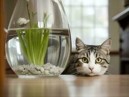 Inquisitive cat peering into an open fish tank with fascination AI Generative photo