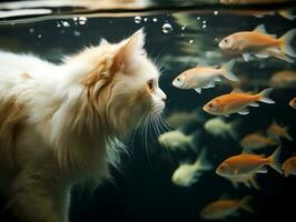 Inquisitive cat peering into an open fish tank with fascination AI Generative photo