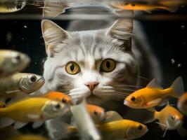 Inquisitive cat peering into an open fish tank with fascination AI Generative photo