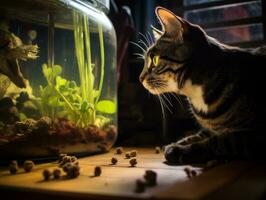 Inquisitive cat peering into an open fish tank with fascination AI Generative photo