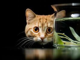 Inquisitive cat peering into an open fish tank with fascination AI Generative photo