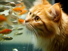 Inquisitive cat peering into an open fish tank with fascination AI Generative photo