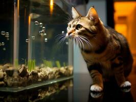 Inquisitive cat peering into an open fish tank with fascination AI Generative photo