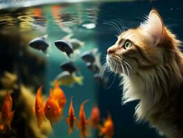 Inquisitive cat peering into an open fish tank with fascination AI Generative photo