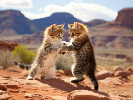 Pair of playful kittens engaged in a friendly wrestling match AI Generative photo