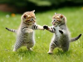 Pair of playful kittens engaged in a friendly wrestling match AI Generative photo