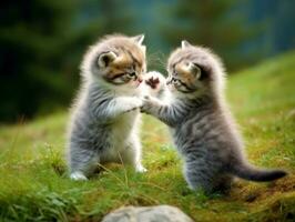 Pair of playful kittens engaged in a friendly wrestling match AI Generative photo