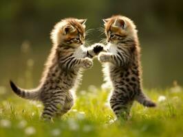 Pair of playful kittens engaged in a friendly wrestling match AI Generative photo