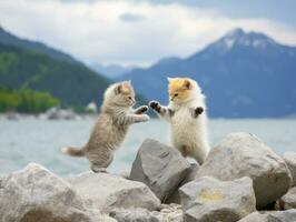 Pair of playful kittens engaged in a friendly wrestling match AI Generative photo