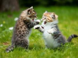 Pair of playful kittens engaged in a friendly wrestling match AI Generative photo