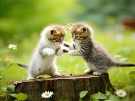 Pair of playful kittens engaged in a friendly wrestling match AI Generative photo