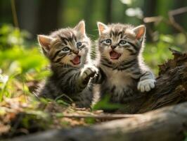 Pair of playful kittens engaged in a friendly wrestling match AI Generative photo