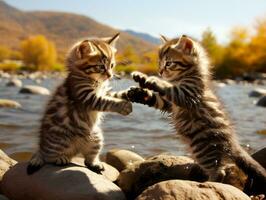 par de juguetón gatitos comprometido en un simpático lucha partido ai generativo foto