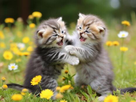 Pair of playful kittens engaged in a friendly wrestling match AI Generative photo