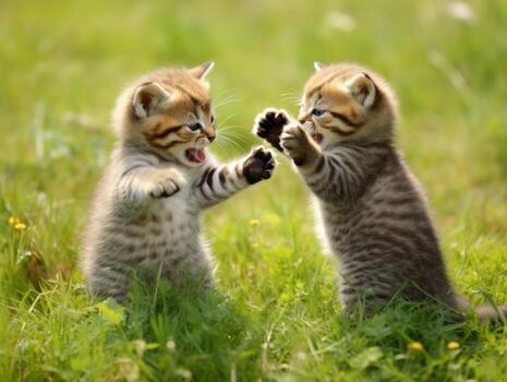 Pair of playful kittens engaged in a friendly wrestling match AI Generative photo