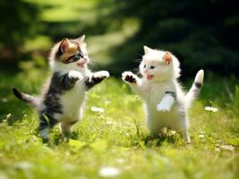 Pair of playful kittens engaged in a friendly wrestling match AI Generative photo