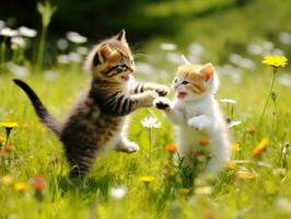 Pair of playful kittens engaged in a friendly wrestling match AI Generative photo
