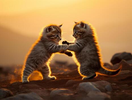 Pair of playful kittens engaged in a friendly wrestling match AI Generative photo