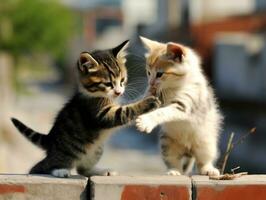 Pair of playful kittens engaged in a friendly wrestling match AI Generative photo