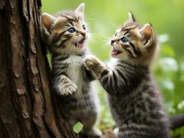 Pair of playful kittens engaged in a friendly wrestling match AI Generative photo