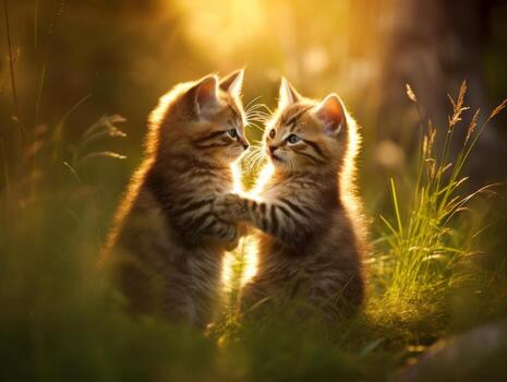 Pair of playful kittens engaged in a friendly wrestling match AI Generative photo