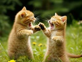 Pair of playful kittens engaged in a friendly wrestling match AI Generative photo