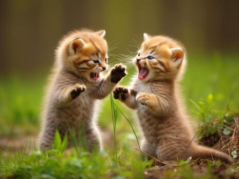 Pair of playful kittens engaged in a friendly wrestling match AI Generative photo