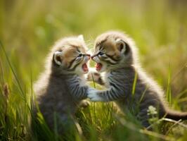 par de juguetón gatitos comprometido en un simpático lucha partido ai generativo foto