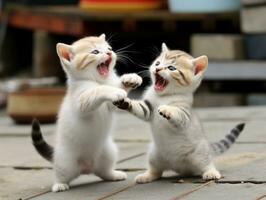 Pair of playful kittens engaged in a friendly wrestling match AI Generative photo