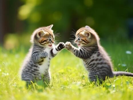 Pair of playful kittens engaged in a friendly wrestling match AI Generative photo