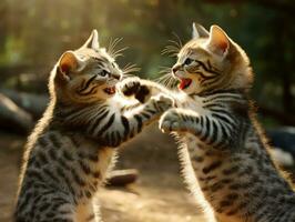 Pair of playful kittens engaged in a friendly wrestling match AI Generative photo