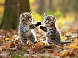 Pair of playful kittens engaged in a friendly wrestling match AI Generative photo