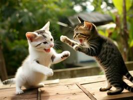 Pair of playful kittens engaged in a friendly wrestling match AI Generative photo