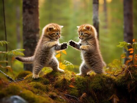 Pair of playful kittens engaged in a friendly wrestling match AI Generative photo