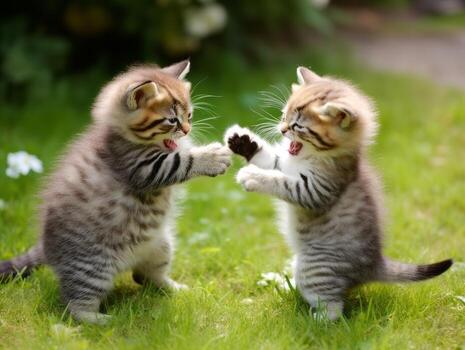 Pair of playful kittens engaged in a friendly wrestling match AI Generative photo