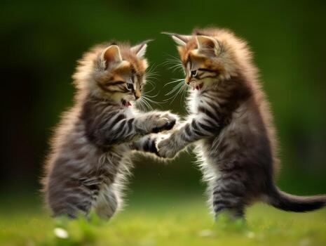 Pair of playful kittens engaged in a friendly wrestling match AI Generative photo
