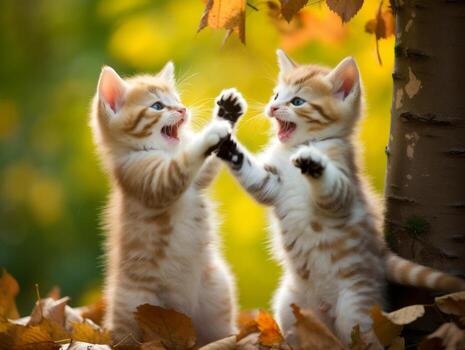 Pair of playful kittens engaged in a friendly wrestling match AI Generative photo