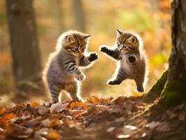 Pair of playful kittens engaged in a friendly wrestling match AI Generative photo