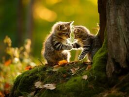 Pair of playful kittens engaged in a friendly wrestling match AI Generative photo