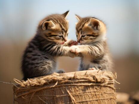 Pair of playful kittens engaged in a friendly wrestling match AI Generative photo