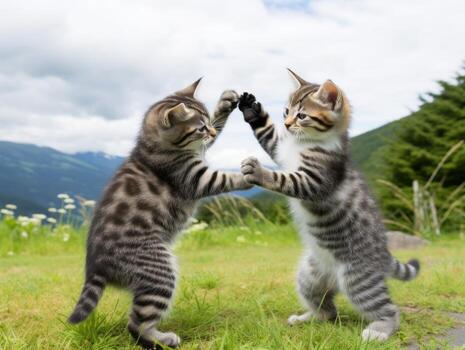 par de juguetón gatitos comprometido en un simpático lucha partido ai generativo foto