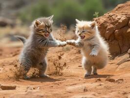 Pair of playful kittens engaged in a friendly wrestling match AI Generative photo