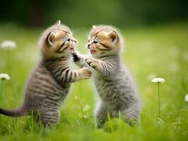 Pair of playful kittens engaged in a friendly wrestling match AI Generative photo