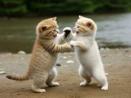 Pair of playful kittens engaged in a friendly wrestling match AI Generative photo