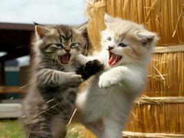 Pair of playful kittens engaged in a friendly wrestling match AI Generative photo