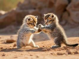 Pair of playful kittens engaged in a friendly wrestling match AI Generative photo