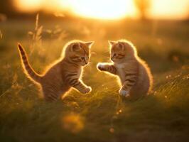 Pair of playful kittens engaged in a friendly wrestling match AI Generative photo