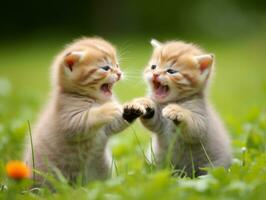 Pair of playful kittens engaged in a friendly wrestling match AI Generative photo