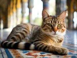 Sleek and elegant cat lounging on a polished marble floor AI Generative photo