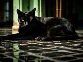 pulcro y elegante gato descansando en un pulido mármol piso ai generativo foto